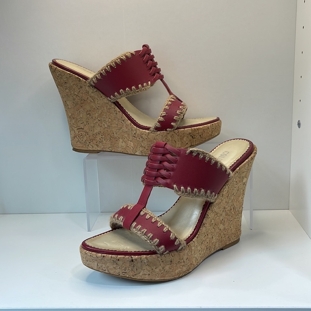 Colin Stuart Red Leather Wedge Sandals Size 8.5 - image 1